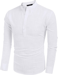 Men's Casual Long Sleeve Henley Shirts Cotton Linen Premium Beach T-Shirt