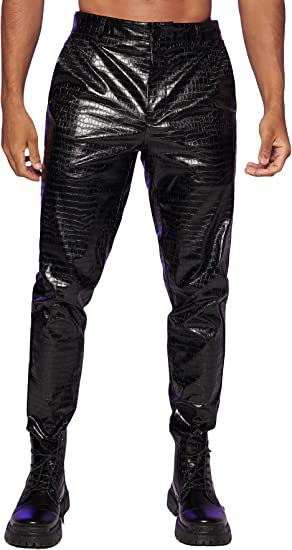 Men's High Waist Rock PU Leather Motocycle Pants Long Trousers