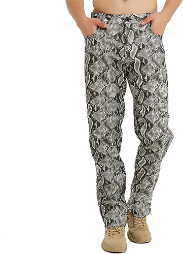 Men's Snakeskin Pants Stylish Casual PU Snake Print Nightclub Disco Vintage Trousers