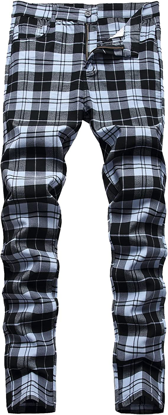 Men's Plaid Pants,Stretch Skinny Flat-Front Casual Slim Fit Business Dress Chinos Pants for Men