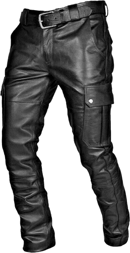 Men Faux Leather Biker Pants Retro PU Stretch Motorcycle Cargo Pants Straight Leg Multi Pockets Moto Trousers (Black,XX-Large)