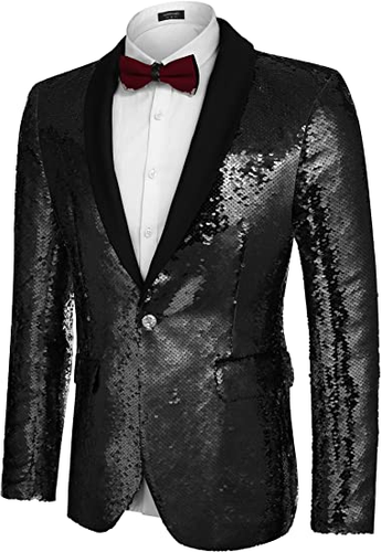 Men Shiny Sequin Jacket Tuxedo Shawl Lapel Dinner Wedding Prom Tux Suit Black