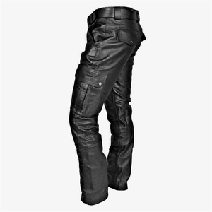 Men Faux Leather Biker Pants Retro PU Stretch Motorcycle Cargo Pants Straight Leg Multi Pockets Moto Trousers (Black,XX-Large)