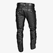 Load image into Gallery viewer, Men Faux Leather Biker Pants Retro PU Stretch Motorcycle Cargo Pants Straight Leg Multi Pockets Moto Trousers (Black,XX-Large)