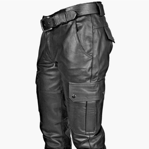 Men Faux Leather Biker Pants Retro PU Stretch Motorcycle Cargo Pants Straight Leg Multi Pockets Moto Trousers (Black,XX-Large)