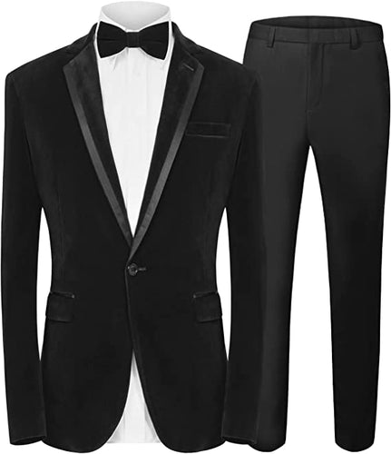 MALE Men's 2 Piece Suit Peaked Lapel One Button Tuxedo Slim Fit Velvet Blazer Party Dinner Jacket & Pants