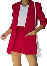 Load image into Gallery viewer, Women&#39;s 2 Piece Open Front Long Sleeve Blazer and Solid Short Pants Suit Sets