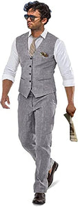 Linen Beach Wedding Suits Men's Slim Fit 2 Piece Groom Suit Prom Party Dress Tuxedos Vest Pants Suit Set