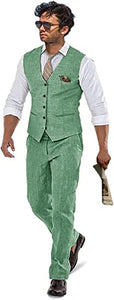 Linen Beach Wedding Suits Men's Slim Fit 2 Piece Groom Suit Prom Party Dress Tuxedos Vest Pants Suit Set