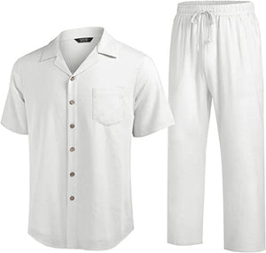 Men 2 Piece Linen Outfit Beach Button Down Shirt Casual Loose Pant Sets