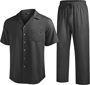 Men 2 Piece Linen Outfit Beach Button Down Shirt Casual Loose Pant Sets