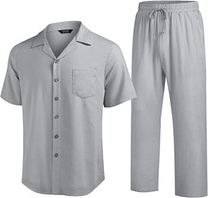 Men 2 Piece Linen Outfit Beach Button Down Shirt Casual Loose Pant Sets