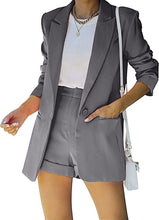 Load image into Gallery viewer, Women&#39;s 2 Piece Open Front Long Sleeve Blazer and Solid Short Pants Suit Sets