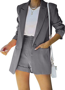 Women's 2 Piece Open Front Long Sleeve Blazer and Solid Short Pants Suit Sets