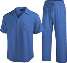 Load image into Gallery viewer, Men 2 Piece Linen Outfit Beach Button Down Shirt Casual Loose Pant Sets