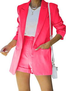 Women's 2 Piece Open Front Long Sleeve Blazer and Solid Short Pants Suit Sets