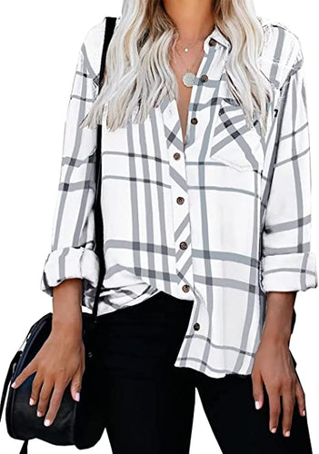 Women's Long Sleeve V-Neck Stripes Casual Blouses Pocket Button Down Shirt Tops