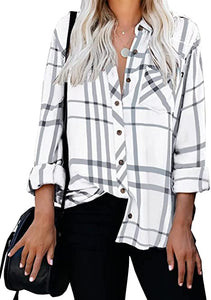 Women's Long Sleeve V-Neck Stripes Casual Blouses Pocket Button Down Shirt Tops