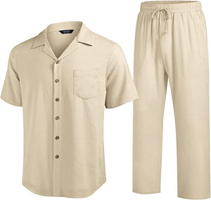 Men 2 Piece Linen Outfit Beach Button Down Shirt Casual Loose Pant Sets