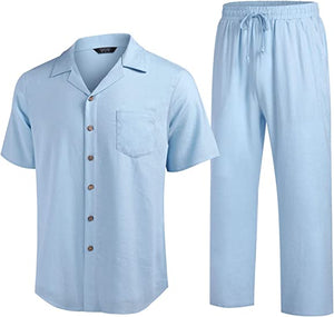 Men 2 Piece Linen Outfit Beach Button Down Shirt Casual Loose Pant Sets