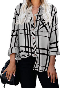 Women's Long Sleeve V-Neck Stripes Casual Blouses Pocket Button Down Shirt Tops