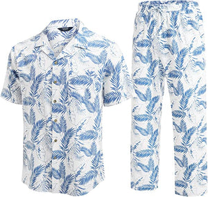 Men 2 Piece Linen Outfit Beach Button Down Shirt Casual Loose Pant Sets