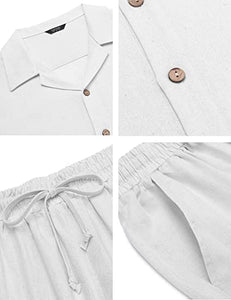 Men 2 Piece Linen Outfit Beach Button Down Shirt Casual Loose Pant Sets