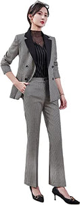 Women’s Business Two Piece Plaid Blazer Sets Double Breasted Office Work Blazer Jacket Pantsuits