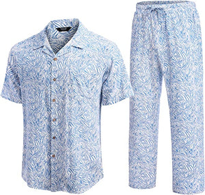 Men 2 Piece Linen Outfit Beach Button Down Shirt Casual Loose Pant Sets