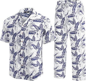 Men 2 Piece Linen Outfit Beach Button Down Shirt Casual Loose Pant Sets